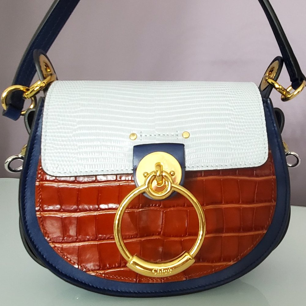 Small Tess Bag Calfskin Crocodile Embossed Blue Brown